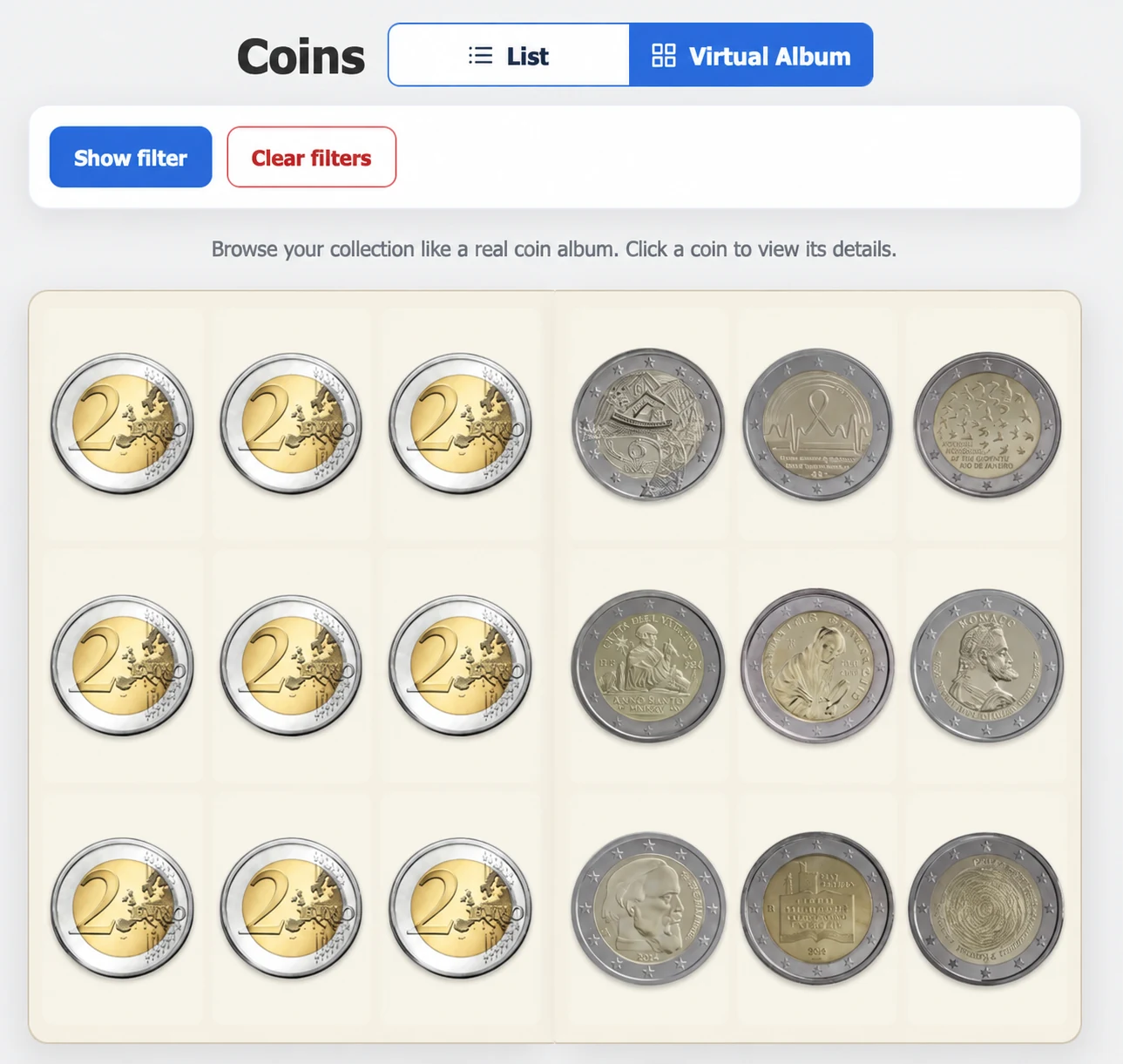 NumiCatalog virtual album for circulating and commemorative €2 coins